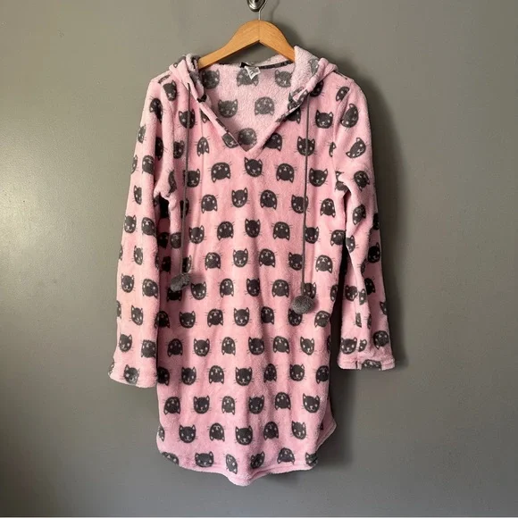 Joe Boxer Pink Cat Print Hooded Fleece nightgown - Picture 1 of 5